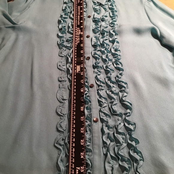 LIZ CLAIBORNE 100% Silk RUFFLE FRONT Blouse, AQUA, NWOT, Size 14 - Picture 6 of 8